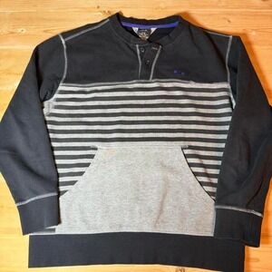 Vintage Y2K Oakley Mens L Striped Henley Sweatshirt Black Gray Purple Logo